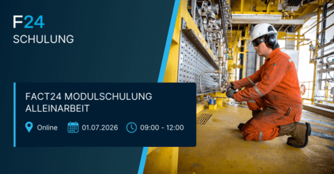 A worker in orange coveralls and a white helmet adjusts equipment at an industrial site. Text promotes a FACT24 Modulschulung online training session on solo work, scheduled for 01.07.2026 from 09:00 to 12:00.