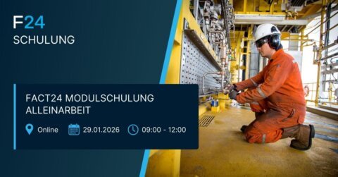 A worker in an orange jumpsuit and safety helmet operates machinery in an industrial facility. A blue graphic overlay advertises the FACT24 ENS+ SaaS Basisschulung online training on January 29, 2026, from 09:00 to 12:00.
