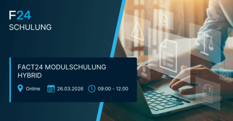 A person types on a laptop with digital icons overlaid. Text reads "F24 Schulung," "FACT24 Modulschulung Hybrid," and event info: online, 26.03.2026, 09:00–12:00. Perfect for those interested in FACT24 Modulschulung.