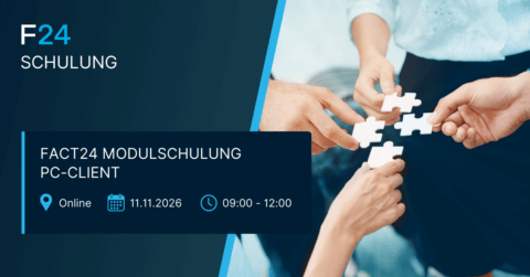 A group of people holds white puzzle pieces together. On the left, text reads: "F24 Schulung, FACT24 Modulschulung PC-Client, Online, 11.11.2026, 09:00-12:00" with icons for location, date, and time.