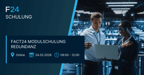Two professionals stand in a server room looking at a laptop. Text beside them advertises an online FACT24 Modulschulung redundancy training module on 24.02.2026 from 09:00–12:00.