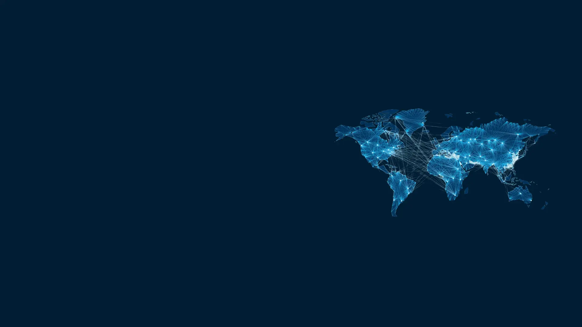 A digital world map on a dark blue background, showing glowing blue network connections linking major cities across different continents, highlighting global connectivity. The map is positioned on the right side.