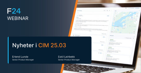 Webinar: Nyheter i CIM 25.03—slide featuring Erlend Lunde and Eskil Leirbekk, Senior Product Managers. The background displays a laptop with the newest CIM software dashboard on screen.