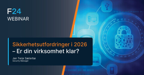 A promotional banner for the F24 webinar "Sikkerhetsutfordringer i 2026 – Er din virksomhet klar?" features a digital security lock graphic, icons, and details for Jan Terje Sæterbø. Webinar: Nyheter i CIM 25.03 is also highlighted.