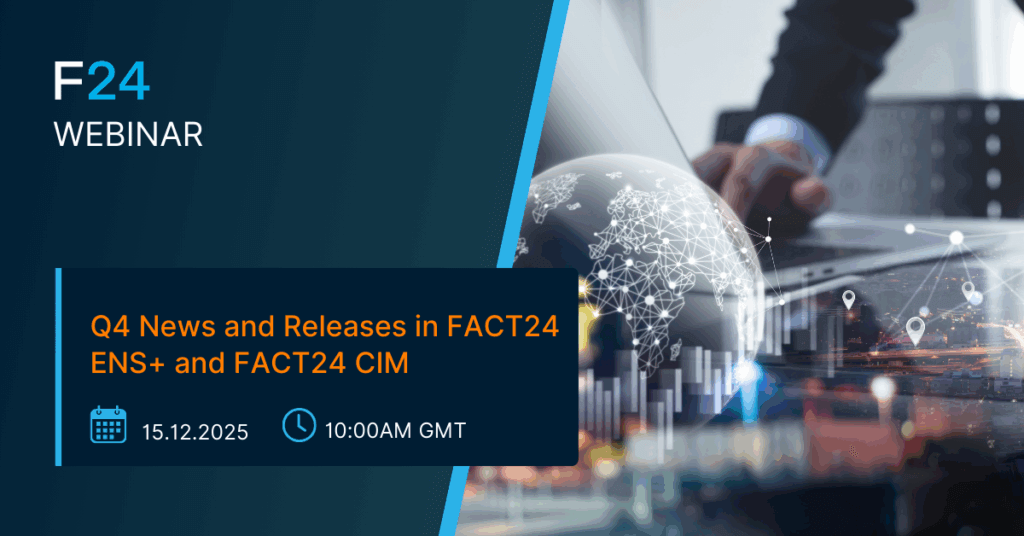 A promotional banner for the F24 ENS+ Webinar, "Q4 News and Releases in FACT24 ENS+ and FACT24 CIM," scheduled for 15.12.2025 at 10:00AM GMT, featuring a digital globe, a person using a laptop, and Petrofac branding.