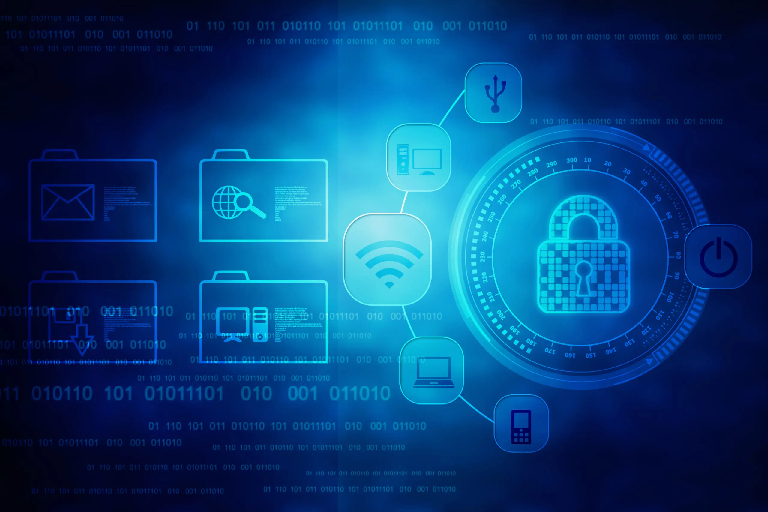 A digital illustration of a padlock surrounded by technology icons, representing cybersecurity and data protection, with binary code and folder graphics in the background—perfect for promoting a webinar: Nyheter i CIM 25.03.