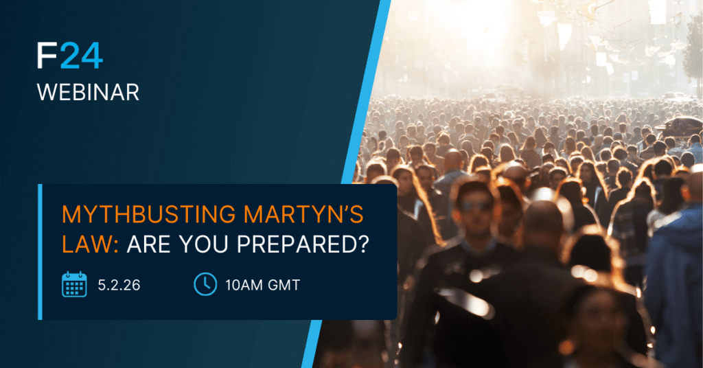 A webinar promo image for the F24 ENS+ Webinar: “Mythbusting Martyn’s Law: Are You Prepared?” with a calendar icon for 5.2.26, a clock at 10AM GMT, and a blurred crowd on the right. Powered by Petrofac.