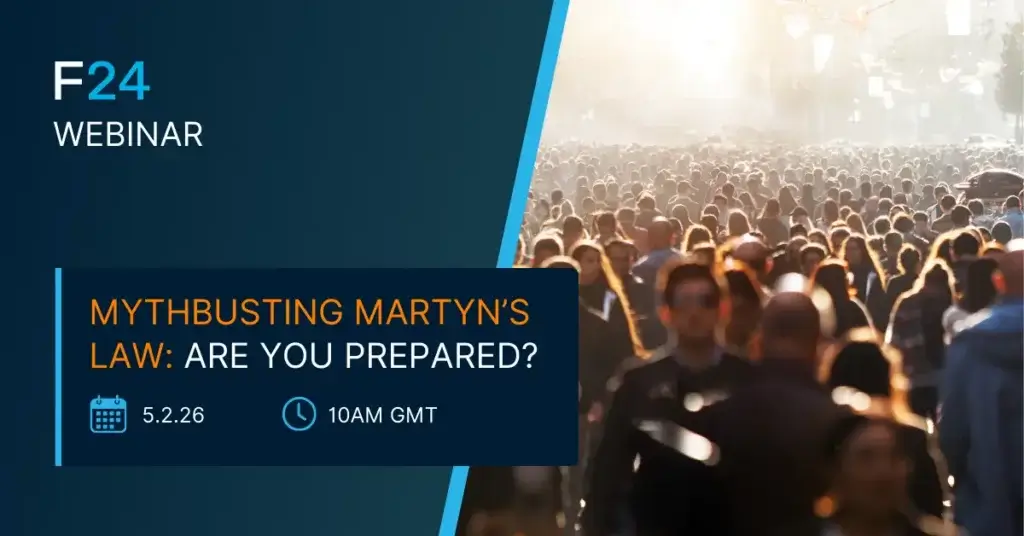 A webinar promo image for the F24 ENS+ Webinar: “Mythbusting Martyn’s Law: Are You Prepared?” with a calendar icon for 5.2.26, a clock at 10AM GMT, and a blurred crowd on the right. Powered by Petrofac.