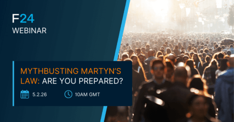 A webinar promo image for the F24 ENS+ Webinar: “Mythbusting Martyn’s Law: Are You Prepared?” with a calendar icon for 5.2.26, a clock at 10AM GMT, and a blurred crowd on the right. Powered by Petrofac.