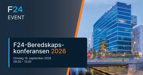 F24 Event promotional banner showing a modern glass office building by a canal, with details for "F24-Beredskapskonferansen 2026" on Wednesday, 16 September 2026, from 9:00 to 15:00.
