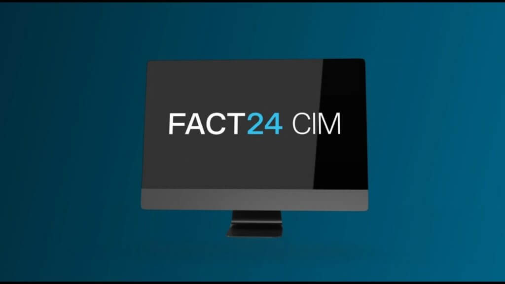 A computer monitor displaying the text "FACT24 CIM" on a dark screen, with "FACT" in white, "24" in blue, and "CIM" in light gray, against a blue gradient background.