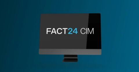 A computer monitor displays the text "FACT24 CIM" on a dark screen, with "FACT" and "CIM" in white and "24" in blue, set against a blue gradient background.