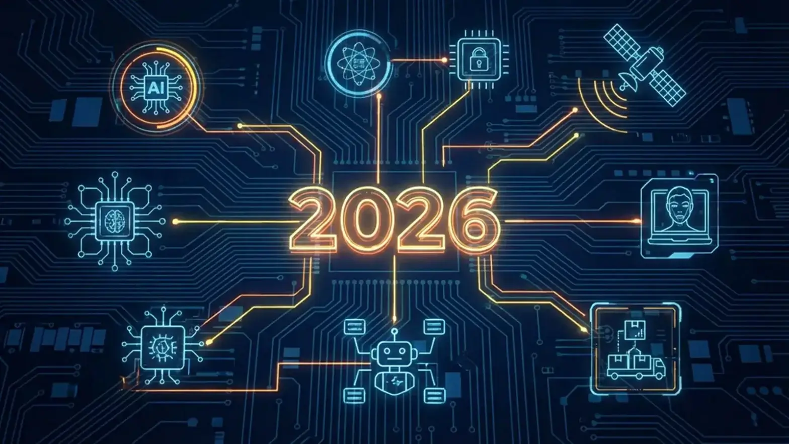 Glowing "2026" at the center of a circuit board, surrounded by neon icons like a robot, lock, and atom—symbolizing technology, innovation, and how slik øker du sikkerheten i julehøytiden through advanced digital solutions.