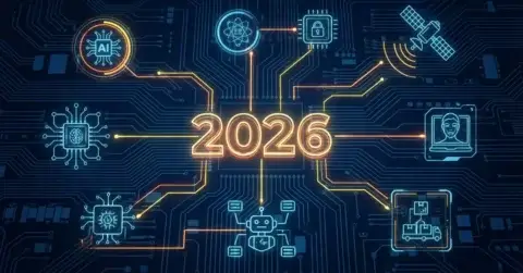 Glowing "2026" at the center of a circuit board, surrounded by neon icons like a robot, lock, and atom—symbolizing technology, innovation, and how slik øker du sikkerheten i julehøytiden through advanced digital solutions.
