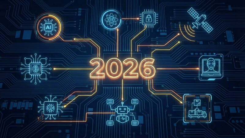 Glowing "2026" at the center of a circuit board, surrounded by neon icons like a robot, lock, and atom—symbolizing technology, innovation, and how slik øker du sikkerheten i julehøytiden through advanced digital solutions.