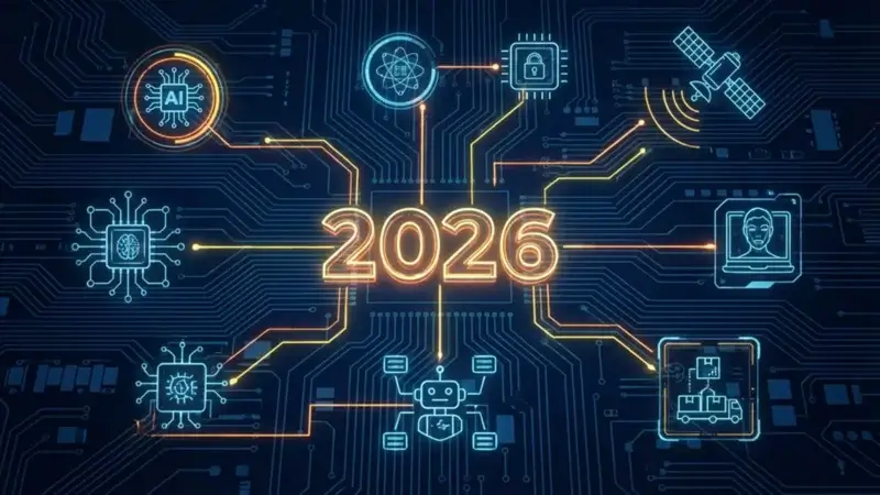 Glowing "2026" at the center of a circuit board, surrounded by neon icons like a robot, lock, and atom—symbolizing technology, innovation, and how slik øker du sikkerheten i julehøytiden through advanced digital solutions.