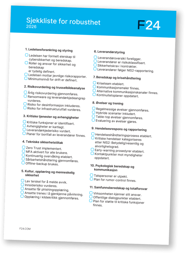 A Norwegian checklist titled "Sjekkliste for robusthet 2026 F24" with 10 main sections and multiple checkboxes, covering topics like leadership, risk analysis, crisis management, supplier control, and sikkerhetsutfordringer for norske virksomheter i 2026.