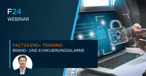 A digital graphic for an F24 webinar on FACT24 ENS+ cloud training features a laptop with padlock icons, suggesting cybersecurity, and includes a small photo of a smiling man with text in German about brand and evacuation alarms.