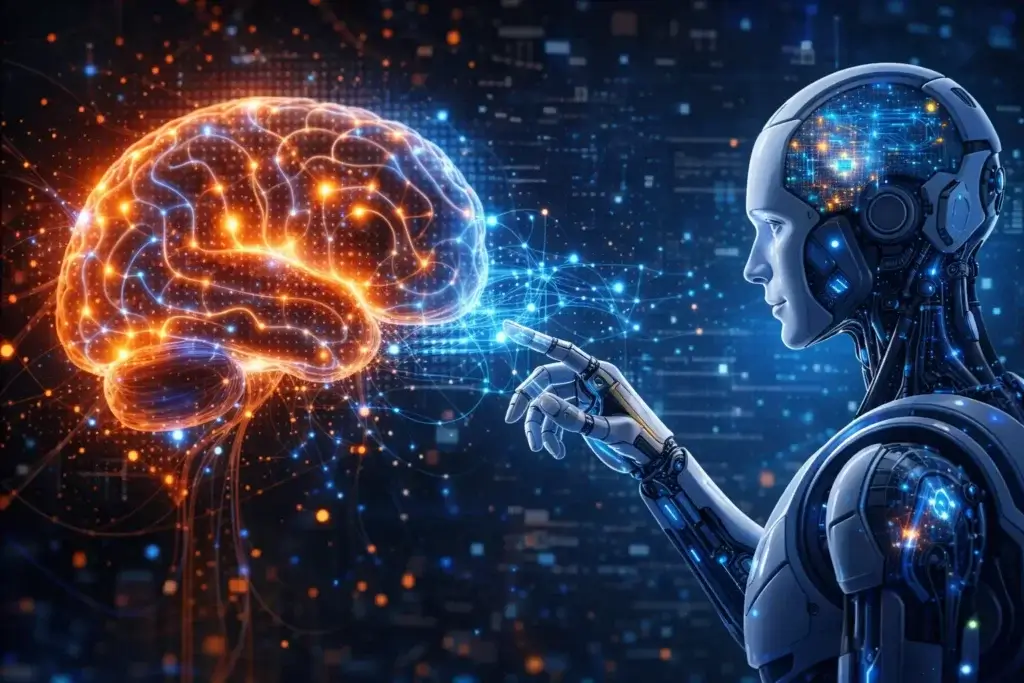 A humanoid robot with illuminated circuitry touches a glowing digital brain, symbolizing the connection between artificial intelligence and human cognition, against a background of abstract data and technology patterns.