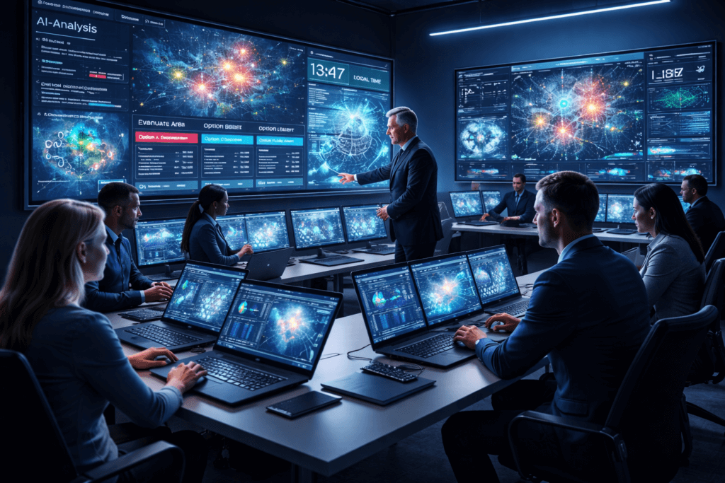 A modern command center with people working on laptops, large screens displaying data visualizations, AI analysis, and digital networks, while a presenter leads a discussion at the front of the room.