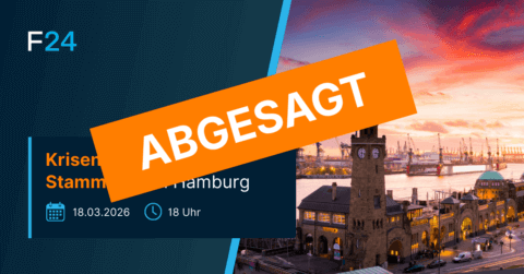 Event notice with "ABGESAGT" (CANCELLED) in large orange text over a photo of Hamburg harbor at sunset; details show a crisis management meeting scheduled for 18.03.2026 at 18:00.