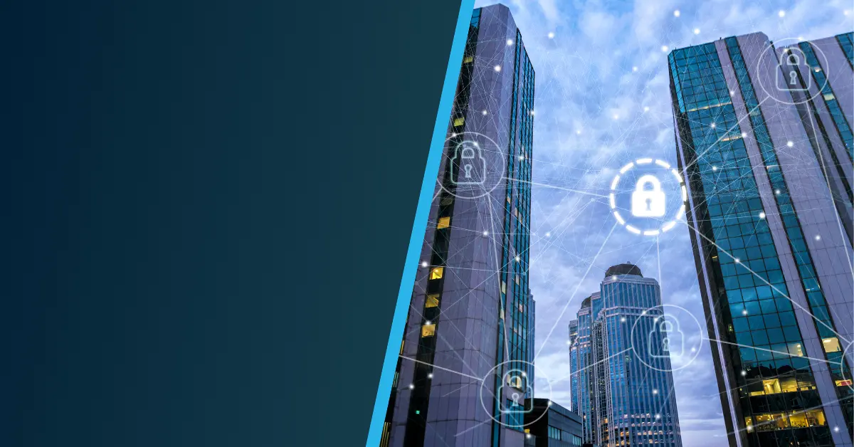Tall modern office buildings under a blue sky, with digital padlock icons and network lines overlayed, symbolize cybersecurity and data protection. The left side features a solid blue space.