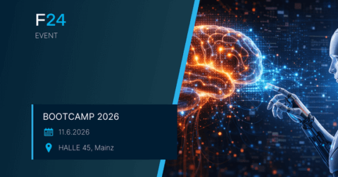 Digital poster for "F24 Event Bootcamp 2026" featuring a robot hand touching a glowing digital brain, with event details and a focus on Bootcamp Krisenmanagement—June 11, 2026, at HALLE 45, Mainz. Futuristic blue background.
