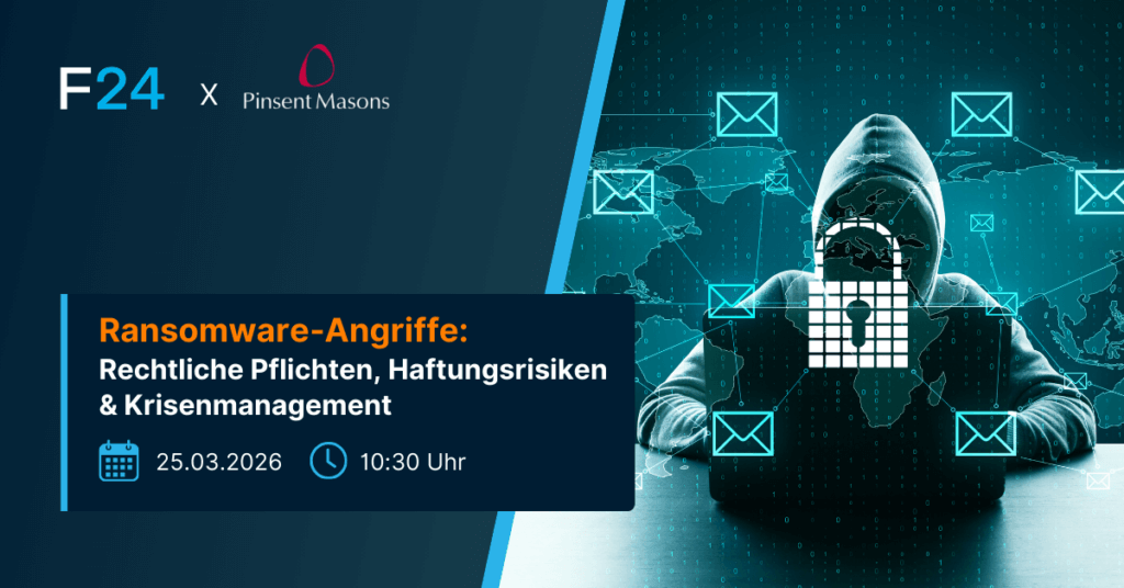 A hooded figure at a laptop with a padlock icon obscuring their face, set against a world map, highlights the threat of ransomware; event details for a ransomware crisis management webinar are presented in German.
