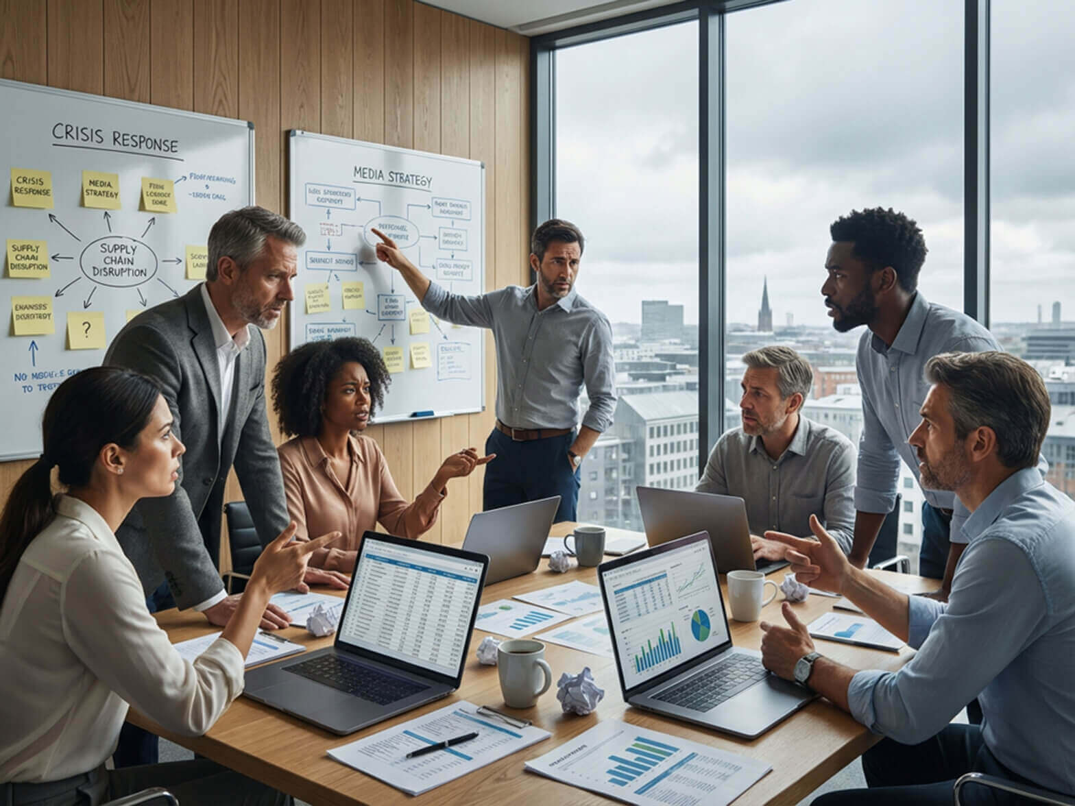 A diverse group of professionals in a modern office discuss “Crisis Response” and “Media Strategy.” One man stands by a whiteboard, referencing the "Webinar: Innføring i effektiv kriseledelse," while presenting ideas to the team.