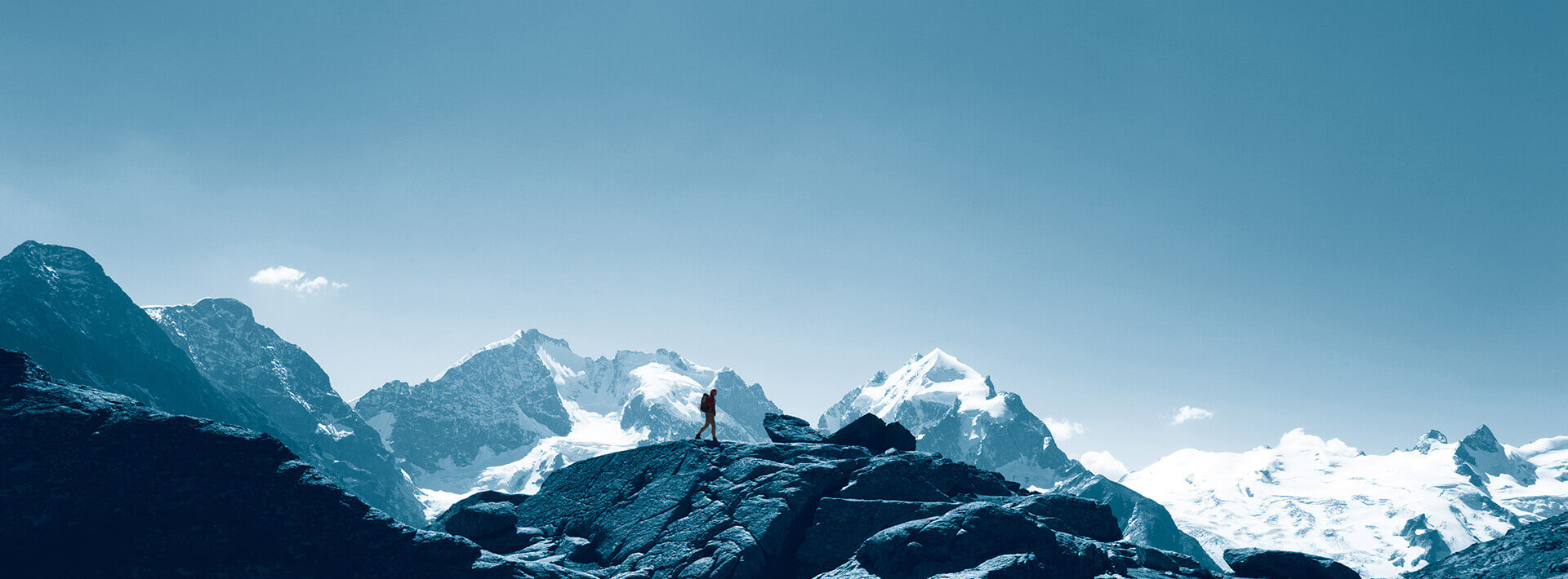 A lone person stands on a rocky outcrop, surrounded by snow-capped mountains under a clear blue sky. The scene captures the spirit of adventure and solitude in nature—an image that inspires the question: Hvorfor F24?.
