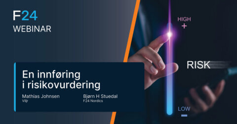 A webinar slide titled "Webinar: Innføring i risikovurdering" with presenters Mathias Johnsen and Bjørn H Stuedal. A hand points to a vertical scale from "Low" to "High" next to the word "Risk.
