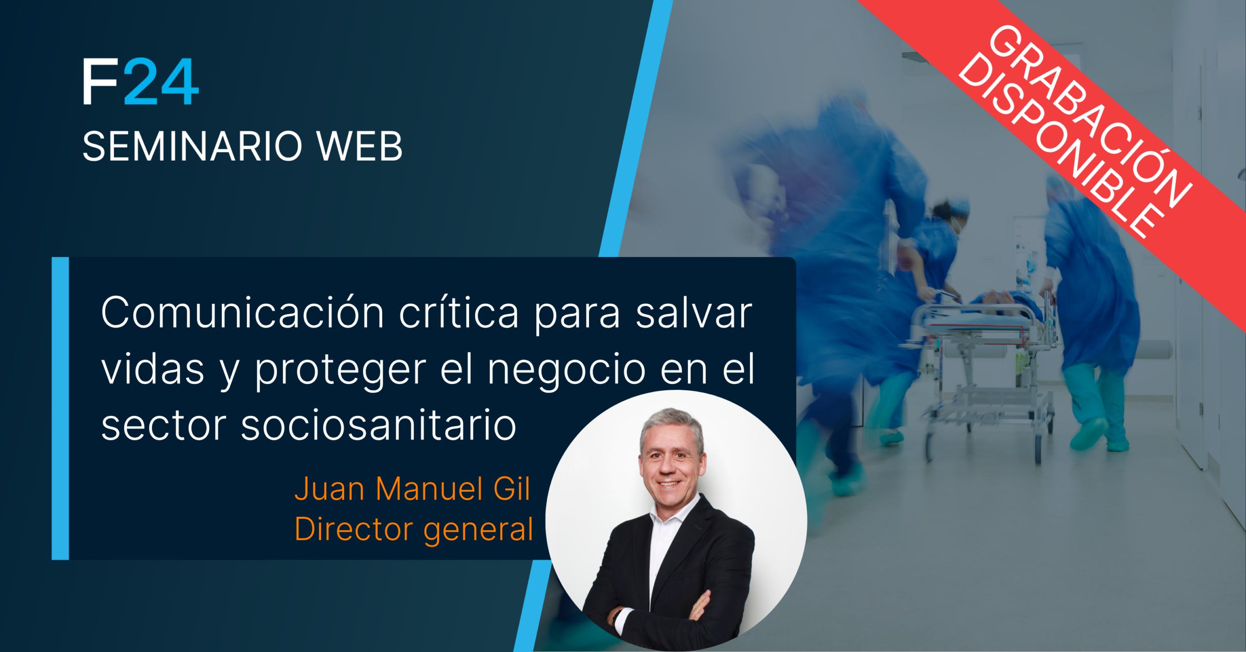 Anuncio de webinar en español con personal hospitalario al fondo. Título: “Comunicación crítica para salvar vidas y proteger el negocio en el sector sociosanitario.” Con Juan Manuel Gil, Director General. Banner: “Grabación disponible”. Petrofac presente.