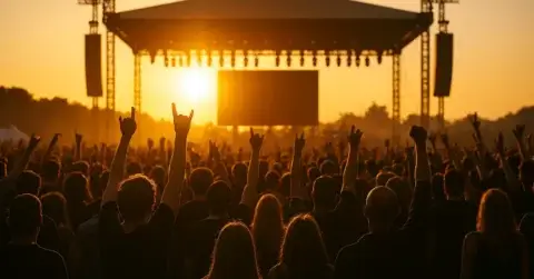 A large crowd at an outdoor concert faces a stage at sunset, with many people raising their hands and making rock hand gestures as the sun sets behind the stage structure.