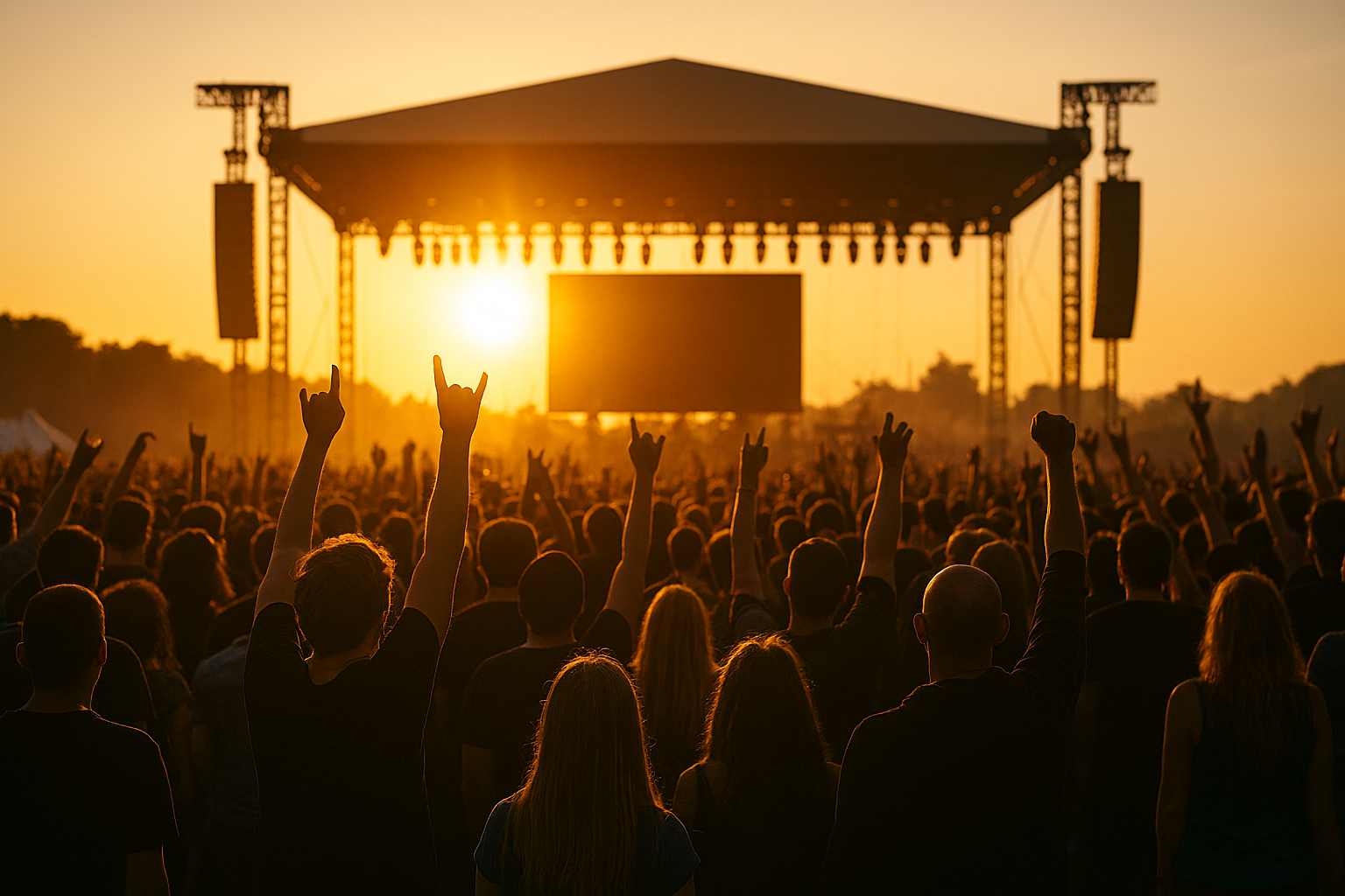A large crowd at an outdoor concert faces a stage at sunset, with many people raising their hands and making rock hand gestures as the sun sets behind the stage structure.
