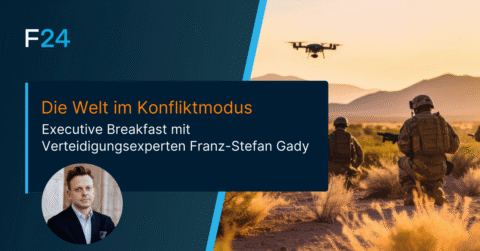 A promotional graphic for F24 featuring soldiers and a drone in a desert at sunset. Text in German announces a Stammtisch Hamburg executive breakfast event with defense expert Franz-Stefan Gady, whose photo appears in the lower left corner.