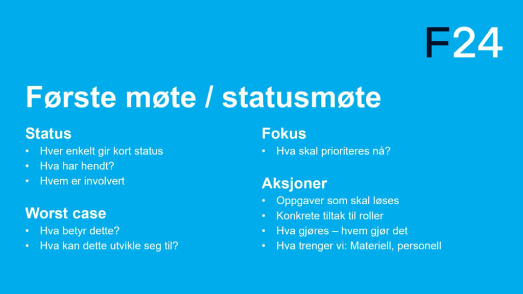 Blue slide titled "Første møte / statusmøte" with sections for status, worst case, focus, and actions, listing discussion points in white text. "F24" is prominently displayed in the top right corner. Effektiv varsling is a key discussion topic.
