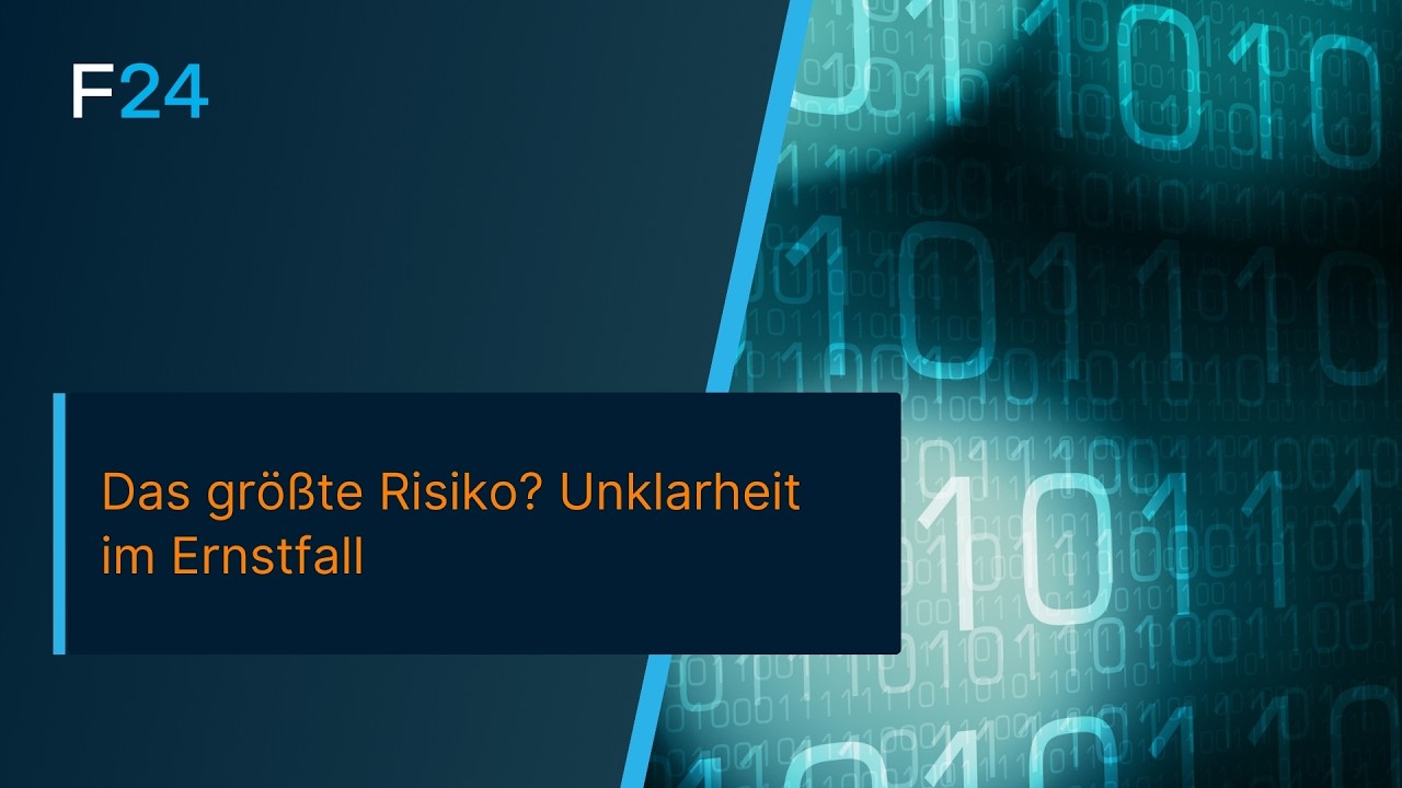A digital graphic with binary code (1s and 0s) in blue tones. A dark blue box contains German text: "Das größte Risiko? Unklarheit im Ernstfall." The corner has "F24" written in light blue.