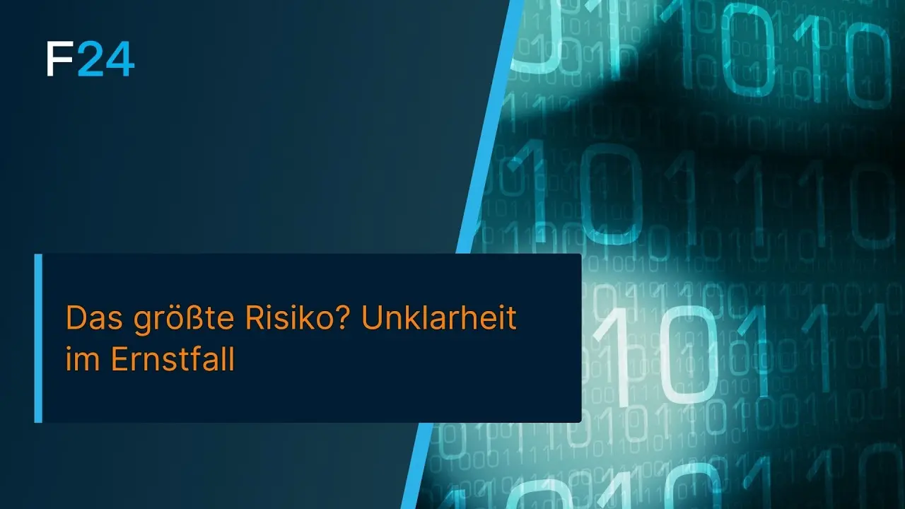 A digital graphic with binary code (1s and 0s) in blue tones. A dark blue box contains German text: "Das größte Risiko? Unklarheit im Ernstfall." The corner has "F24" written in light blue.
