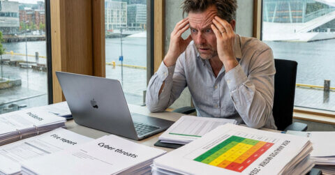A man sits at a desk covered with reports and risikovurderinger ufarliggjort, looking stressed while holding his head and staring at a laptop. Large windows behind him reveal a rainy cityscape and water outside.