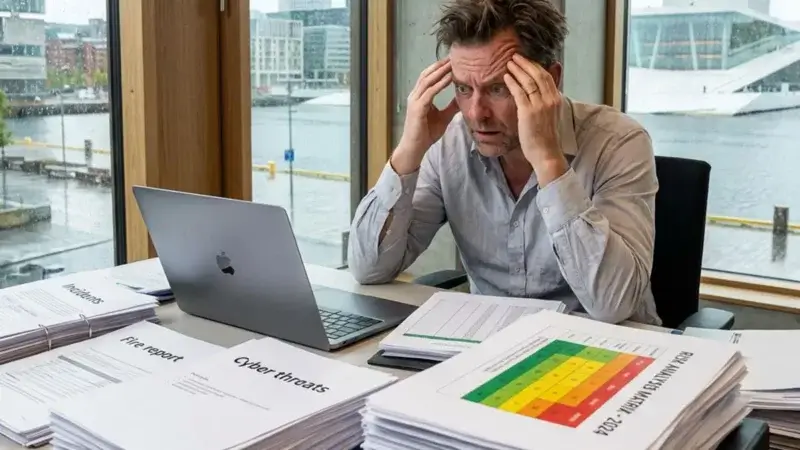 A man sits at a desk covered with reports and risikovurderinger ufarliggjort, looking stressed while holding his head and staring at a laptop. Large windows behind him reveal a rainy cityscape and water outside.