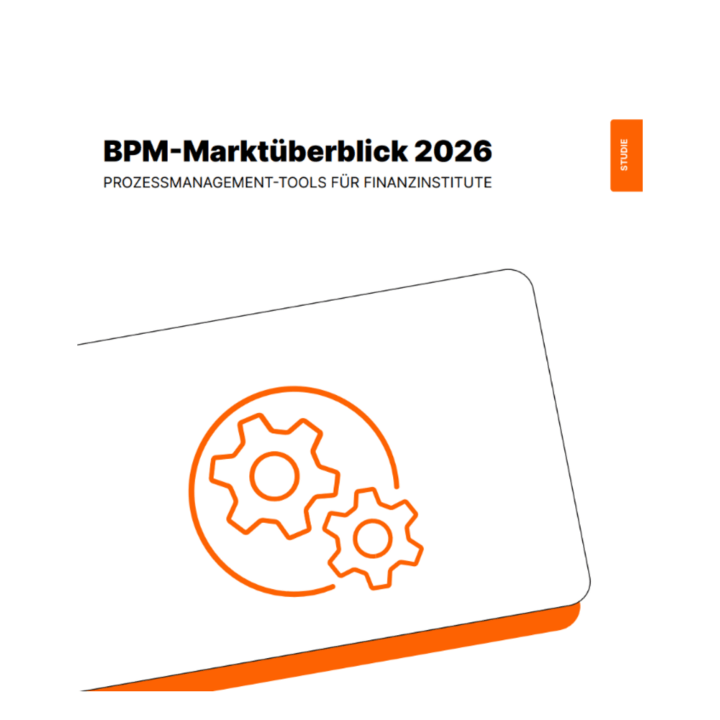 Cover of a report titled "BPM-Marktüberblick 2026 – Prozessmanagement-Tools für Finanzinstitute" with two orange gear icons, a vertical "STUDIE" label, and the mention F24 in den Medien on a clean white background.