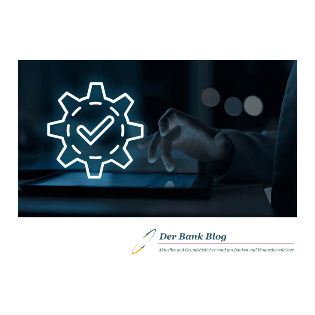 A person uses a tablet with a glowing cogwheel and checkmark icon overlay, symbolizing digital banking or financial technology. Below is the "Der Bank Blog" logo with the text "F24 in den Medien.