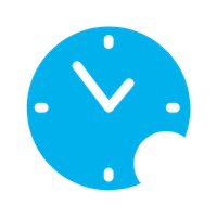 A blue clock icon showing the time at 10:10, with a small white circle containing an exclamation mark at the bottom right, symbolizing an alert for Safety and Crisis Management in Aviation related to timing.
