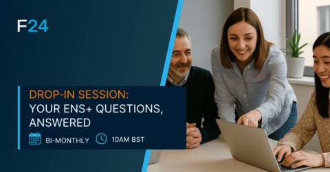 Three people, two women and one man, sit together at a table with laptops, smiling and discussing. Text reads: "F24 ENS+ Webinar: Your questions answered. Bi-monthly, 10am BST." F24 logo is displayed at top left.