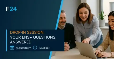 Three people, two women and one man, sit together at a table with laptops, smiling and discussing. Text reads: "F24 ENS+ Webinar: Your questions answered. Bi-monthly, 10am BST." F24 logo is displayed at top left.