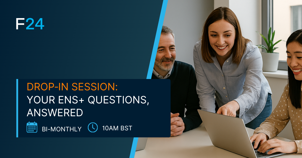 Three people, two women and one man, sit together at a table with laptops, smiling and discussing. Text reads: "F24 ENS+ Webinar: Your questions answered. Bi-monthly, 10am BST." F24 logo is displayed at top left.