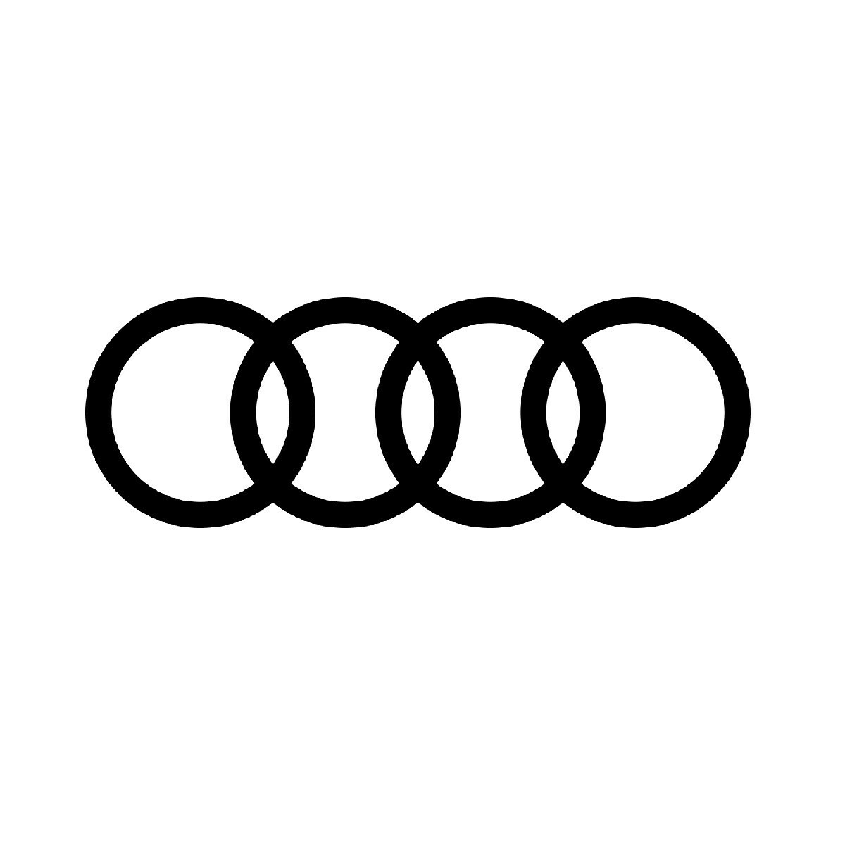 Vier schwarze ineinander greifende Ringe in einer horizontalen Reihe auf weißem Hintergrund, die das Audi-Logo darstellen.