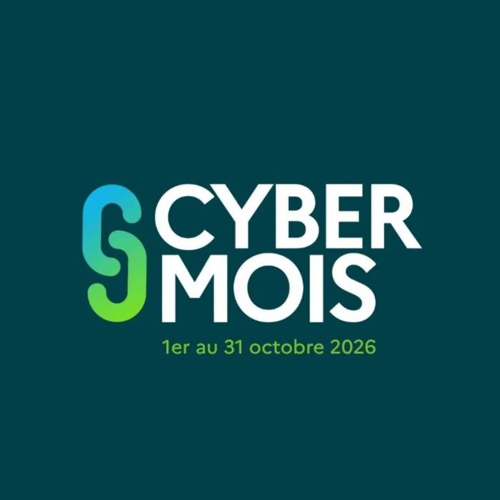 Logo with large "S" in blue and green gradient on the left, next to bold white text "CYBER MOIS". Below, yellow-green text reads "1er au 31 octobre 2026" on a dark teal background. Retrouvez l'équipe F24 lors des salons 2026.