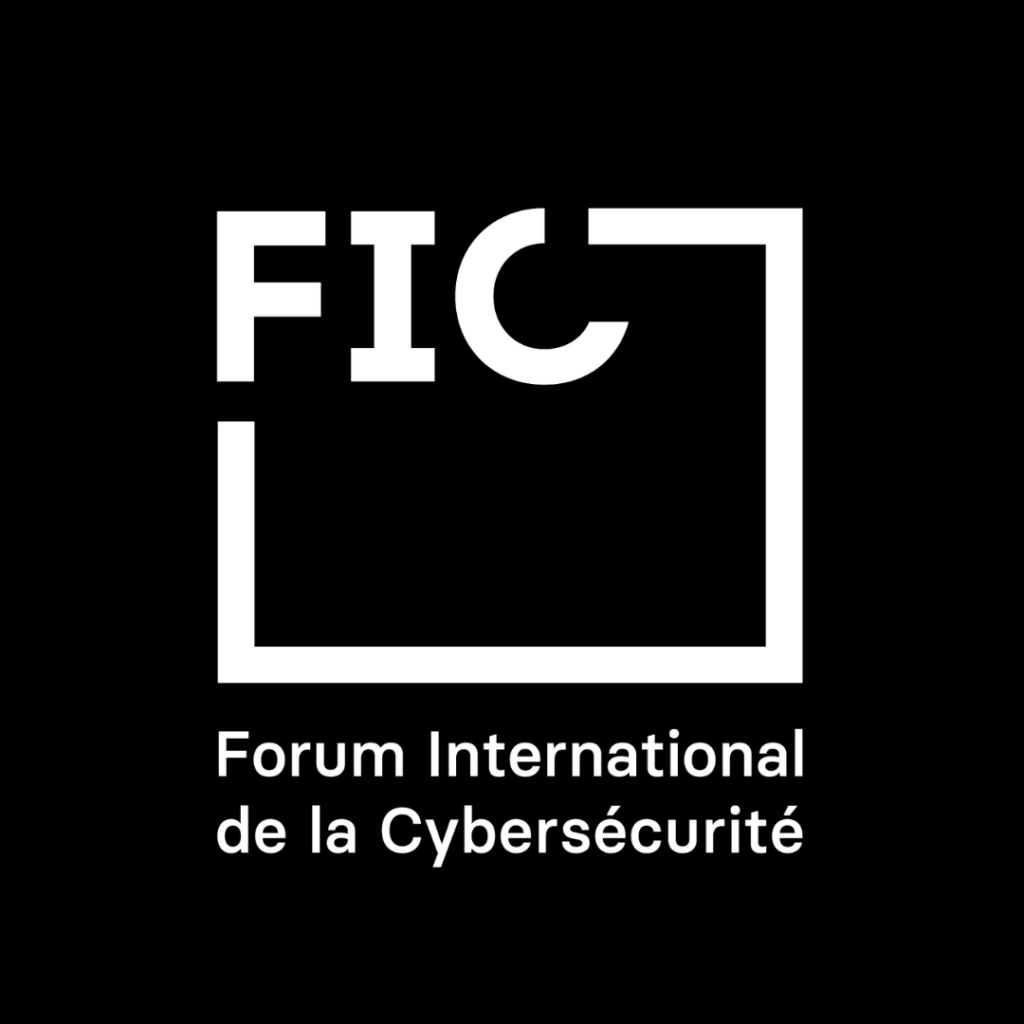 White logo on a black background with "FIC" in bold, partially enclosed by a square outline. Below, it reads "Forum International de la Cybersécurité." Retrouvez l'équipe F24 lors des salons 2026.