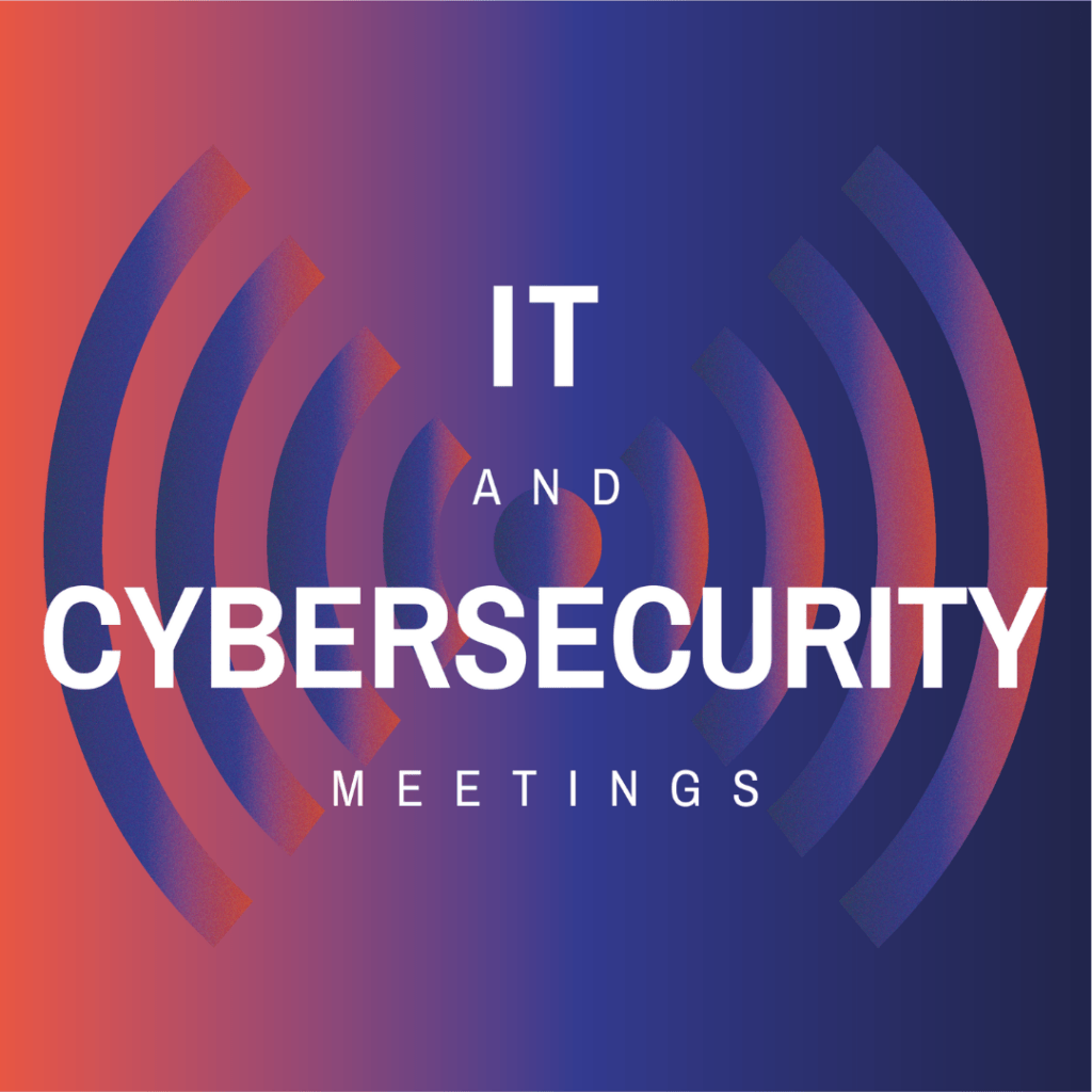 Text reading "IT and Cybersecurity Meetings" over a blue and red gradient background with concentric semi-circles resembling Wi-Fi or signal waves, inviting you to retrouver l'équipe F24 lors des salons 2026.
